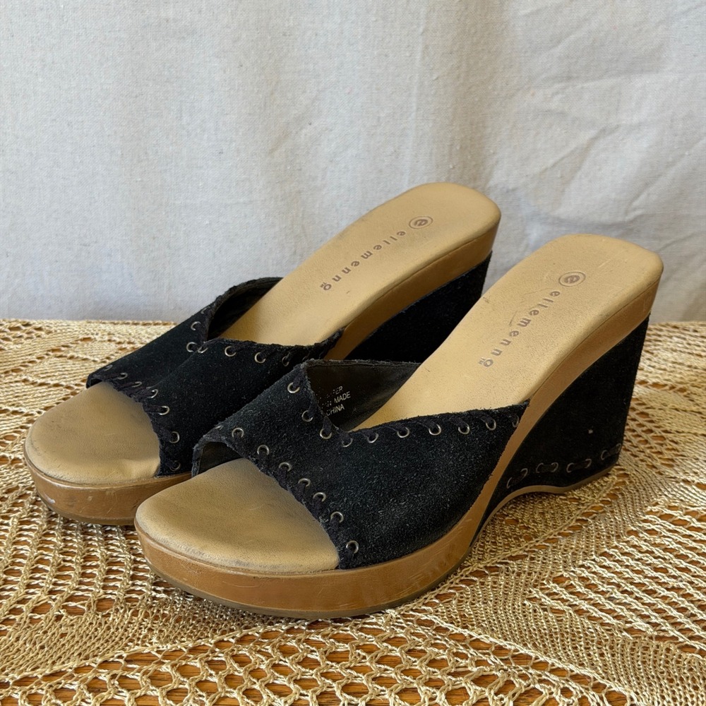 Y2K Black Suede Wedge Sandal Grommet Whimsygoth Indie Sleaze 8 Dark Romantic